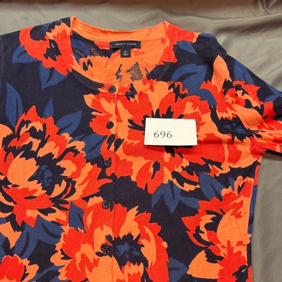 Tommy Hilfiger Exploded Floral Dopamine Cardigan Sweater Navy Blue & Coral - Picture 10 of 10